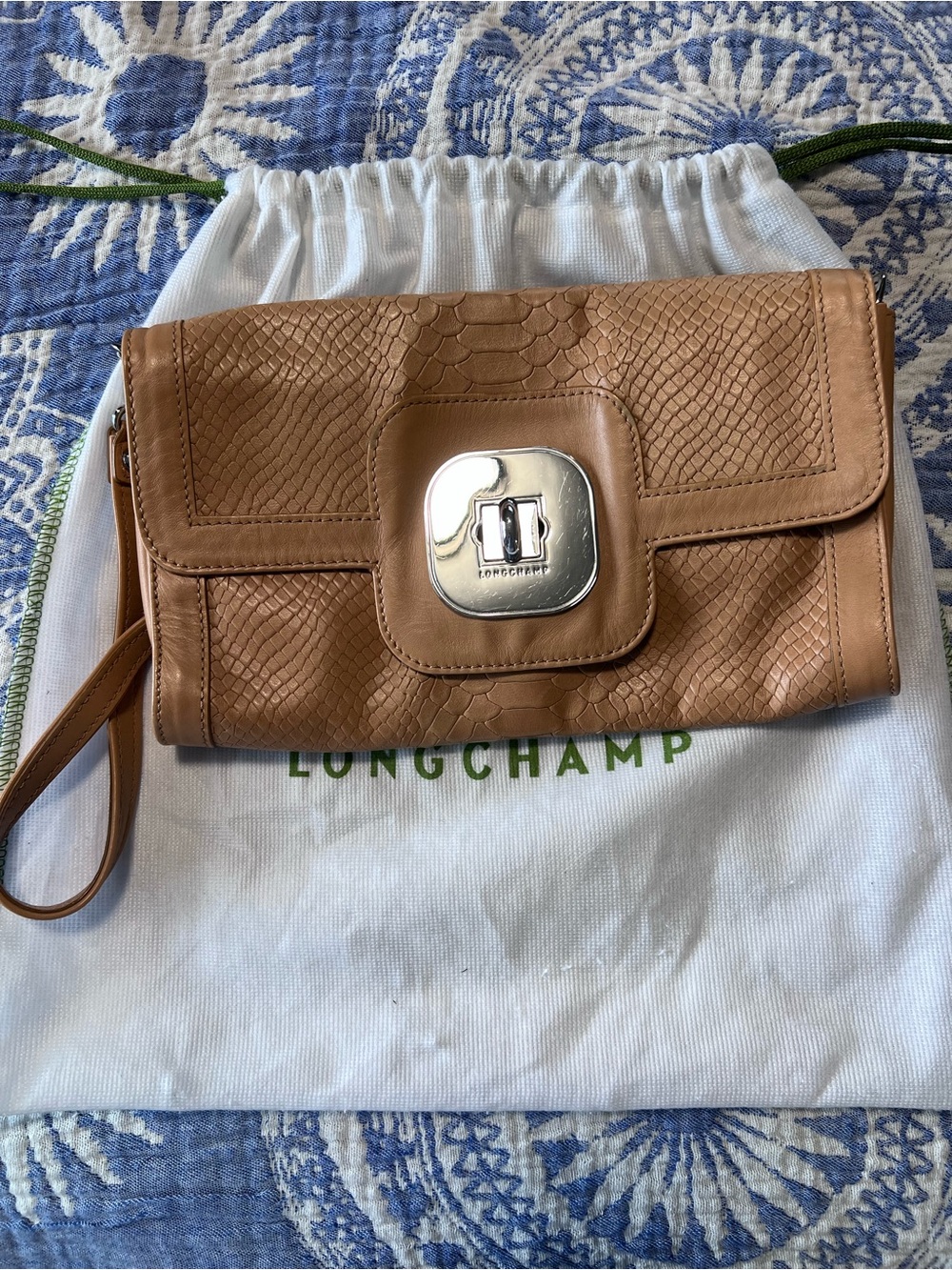 Longchamp Camel Snake-Embossed Leather Wristlet with Silver Turn-Lock